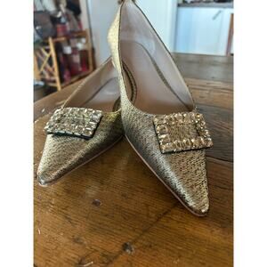 Boden Jeweled Buckle Pointed Toe Flats Gold Metallic Crystal Embellished Size 38